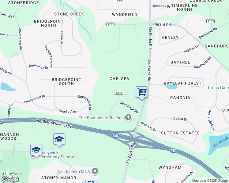 map of restaurants, bars, coffee shops, grocery stores, and more near 9909 Longford Drive in Raleigh