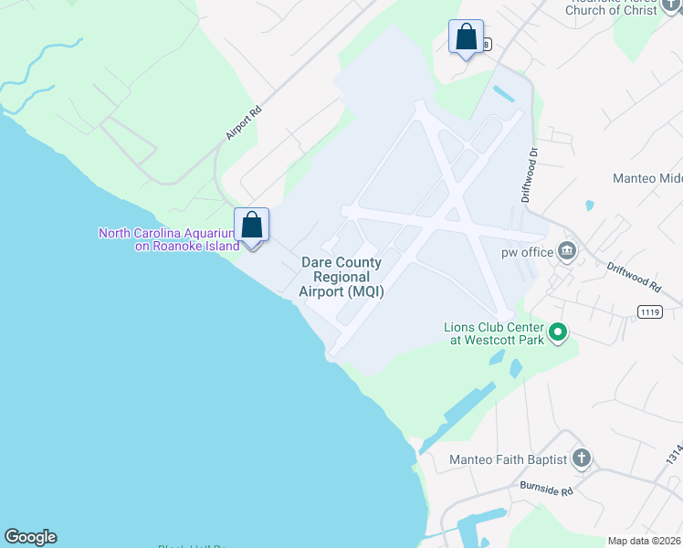 map of restaurants, bars, coffee shops, grocery stores, and more near 410 Airport Road in Manteo