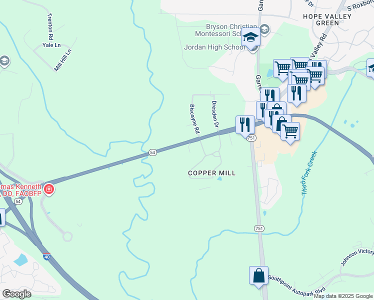 map of restaurants, bars, coffee shops, grocery stores, and more near 8 Mandy Court in Durham