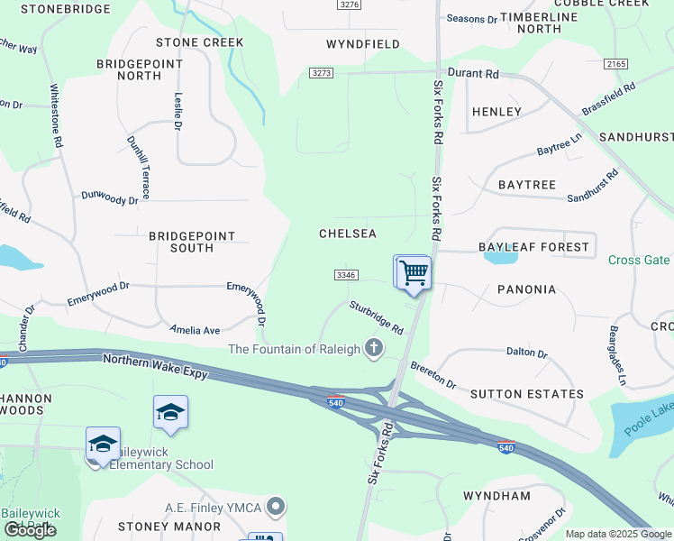 map of restaurants, bars, coffee shops, grocery stores, and more near 9909 Longford Drive in Raleigh