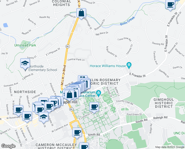 map of restaurants, bars, coffee shops, grocery stores, and more near 210 Cottage Lane in Chapel Hill
