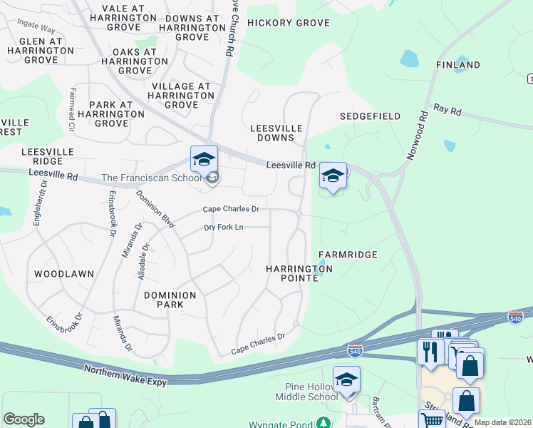 map of restaurants, bars, coffee shops, grocery stores, and more near 6308 Cape Charles Drive in Raleigh