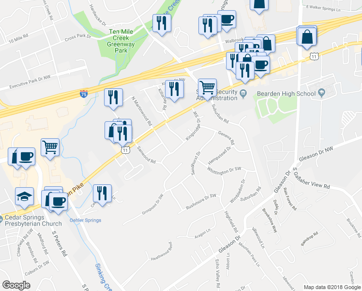 map of restaurants, bars, coffee shops, grocery stores, and more near 8704 Kingsridge Drive Southwest in Knoxville