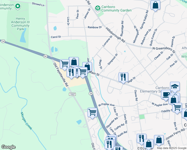 map of restaurants, bars, coffee shops, grocery stores, and more near 302 Simpson Street in Carrboro