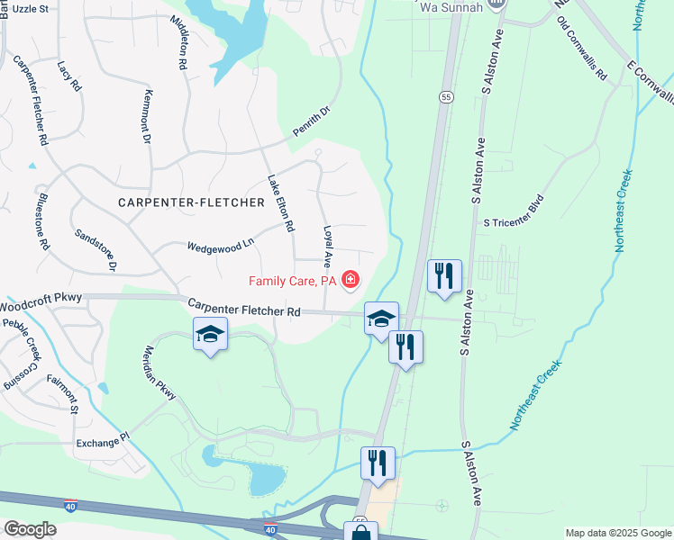 map of restaurants, bars, coffee shops, grocery stores, and more near 1315 Ferriday Drive in Durham