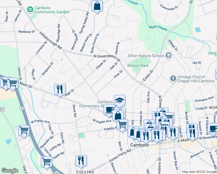 map of restaurants, bars, coffee shops, grocery stores, and more near 114 Pine Street in Carrboro