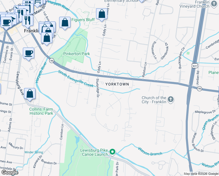 map of restaurants, bars, coffee shops, grocery stores, and more near 710 Murfreesboro Road in Franklin