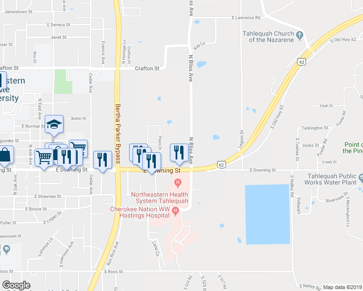 map of restaurants, bars, coffee shops, grocery stores, and more near 1403 12 East Downing Street in Tahlequah