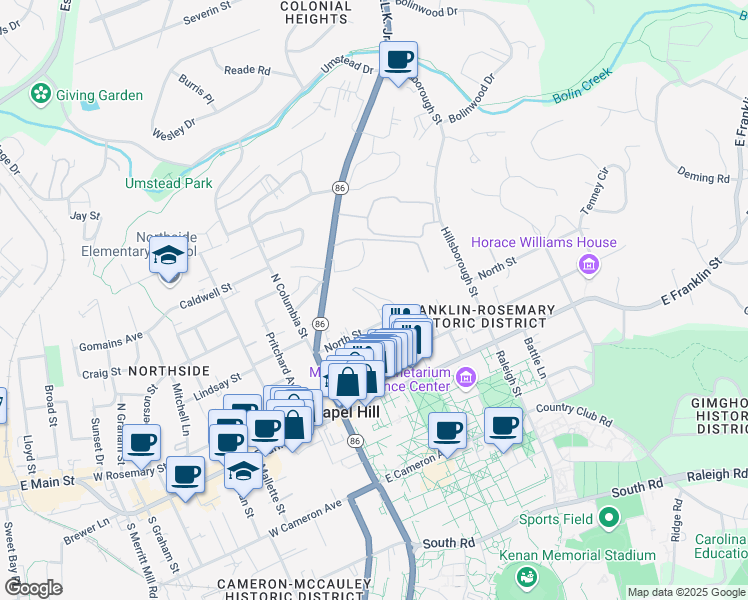 map of restaurants, bars, coffee shops, grocery stores, and more near 6 Cobb Terrace in Chapel Hill