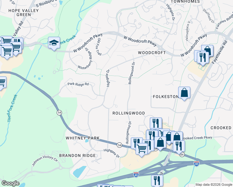 map of restaurants, bars, coffee shops, grocery stores, and more near 4800 Marlborough Way in Durham