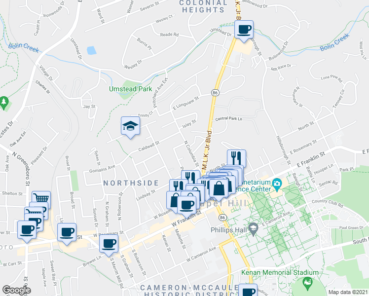 map of restaurants, bars, coffee shops, grocery stores, and more near 507 N Columbia St in Chapel Hill