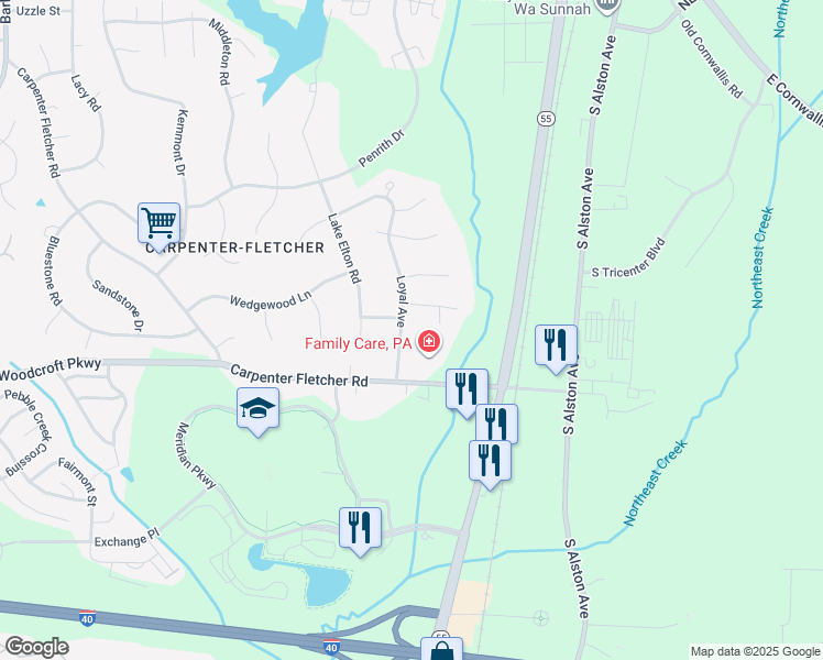 map of restaurants, bars, coffee shops, grocery stores, and more near 1315 Ferriday Drive in Durham