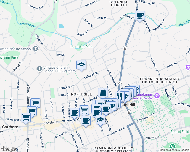 map of restaurants, bars, coffee shops, grocery stores, and more near 604 Church Street in Chapel Hill