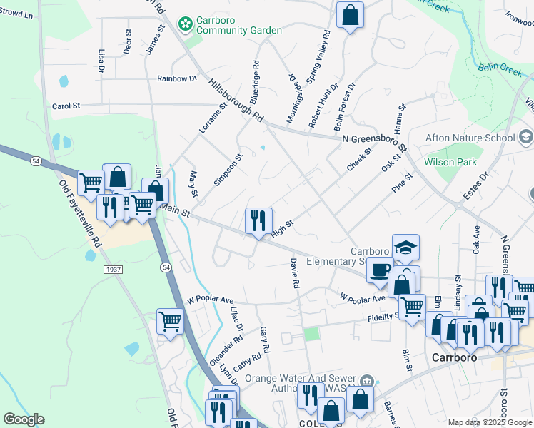 map of restaurants, bars, coffee shops, grocery stores, and more near 115 Dillard Street in Carrboro