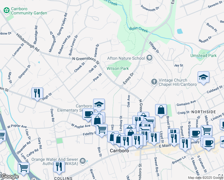 map of restaurants, bars, coffee shops, grocery stores, and more near 105 Todd Street in Carrboro