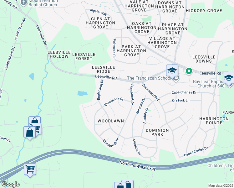 map of restaurants, bars, coffee shops, grocery stores, and more near 8536 Erinsbrook Drive in Raleigh