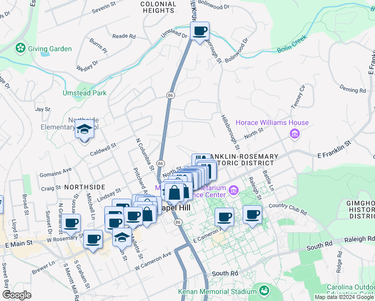 map of restaurants, bars, coffee shops, grocery stores, and more near 6 Cobb Terrace in Chapel Hill