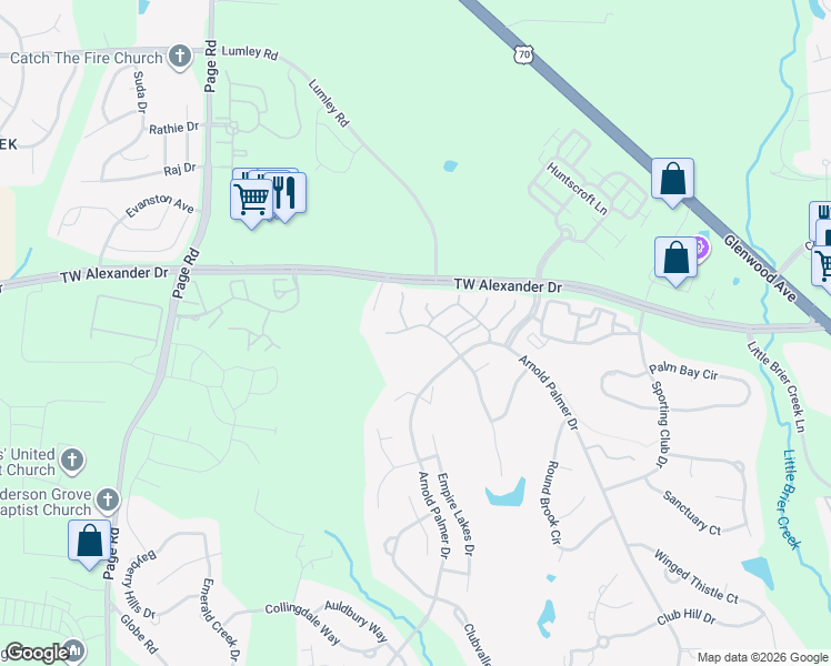 map of restaurants, bars, coffee shops, grocery stores, and more near 11230 Maplecroft Court in Raleigh