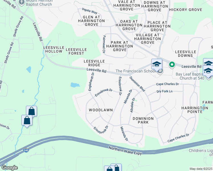map of restaurants, bars, coffee shops, grocery stores, and more near 8536 Erinsbrook Drive in Raleigh