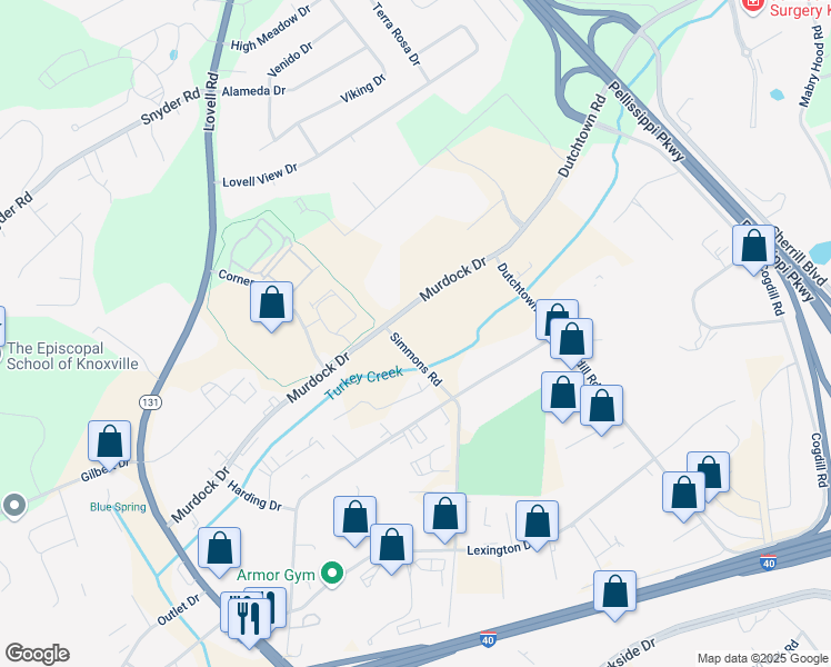 map of restaurants, bars, coffee shops, grocery stores, and more near 10604 Murdock Drive in Knoxville