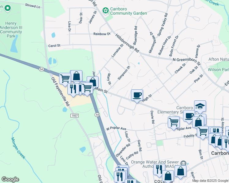 map of restaurants, bars, coffee shops, grocery stores, and more near 1200 West Main Street in Carrboro