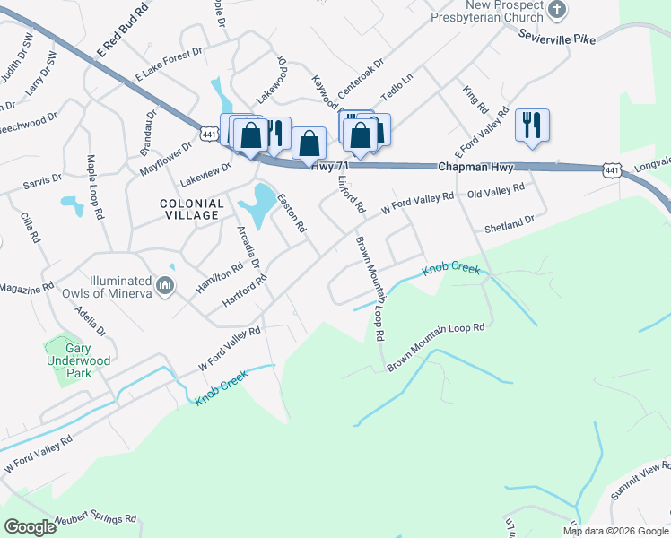 map of restaurants, bars, coffee shops, grocery stores, and more near 205 Mount David Drive in Knoxville