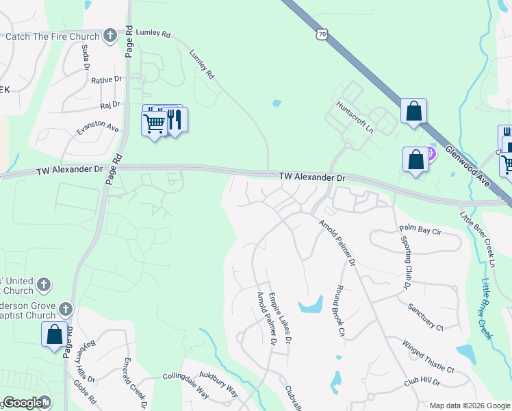 map of restaurants, bars, coffee shops, grocery stores, and more near 11230 Maplecroft Court in Raleigh