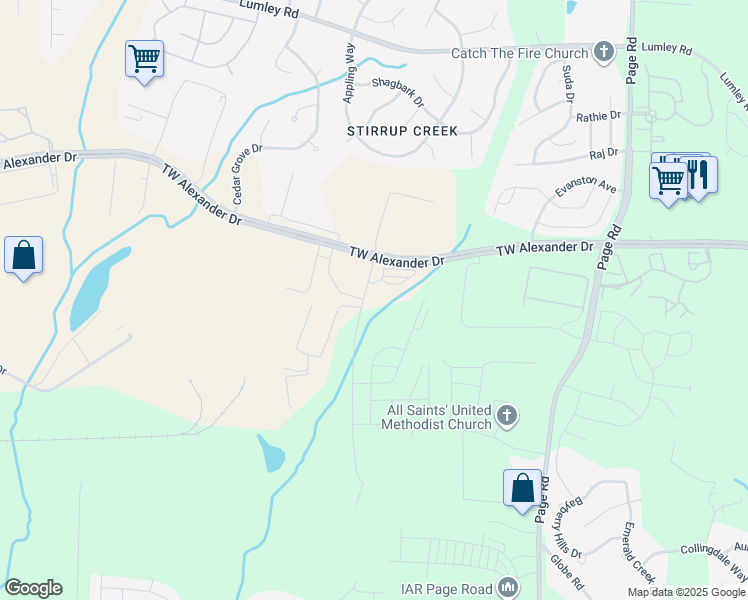 map of restaurants, bars, coffee shops, grocery stores, and more near 101 Roche Drive in Durham
