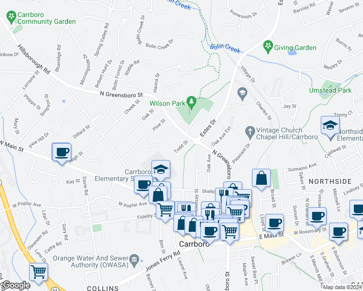 map of restaurants, bars, coffee shops, grocery stores, and more near 901 North Greensboro Street in Carrboro