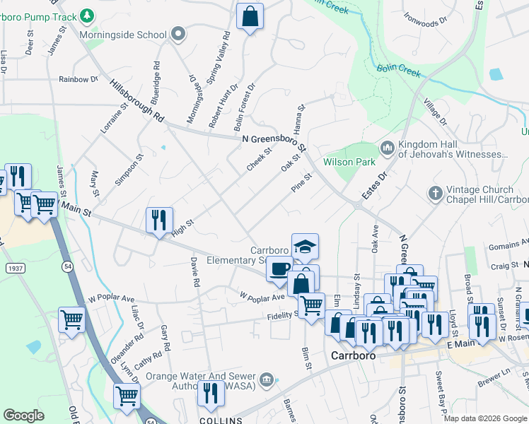 map of restaurants, bars, coffee shops, grocery stores, and more near 113 Pine Street in Carrboro