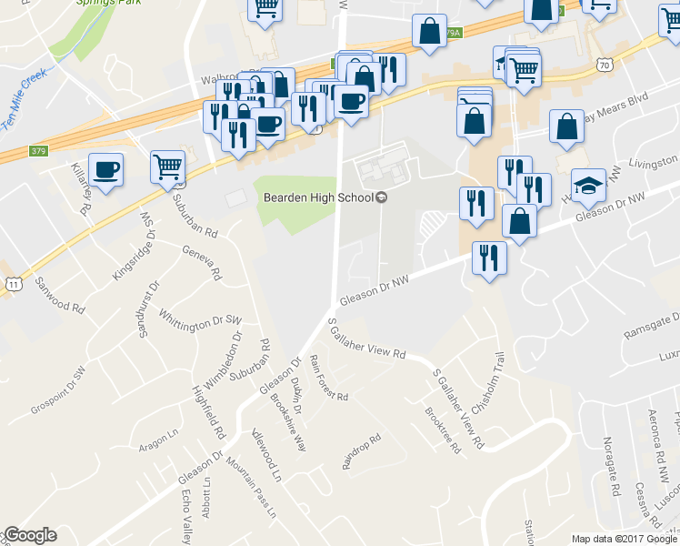 map of restaurants, bars, coffee shops, grocery stores, and more near 401 South Gallaher View Road Southwest in Knoxville