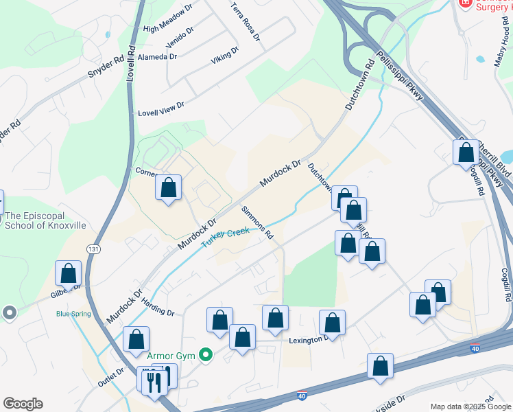 map of restaurants, bars, coffee shops, grocery stores, and more near 10604 Murdock Drive in Knoxville