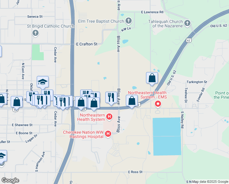 map of restaurants, bars, coffee shops, grocery stores, and more near 1403 East Downing Street in Tahlequah