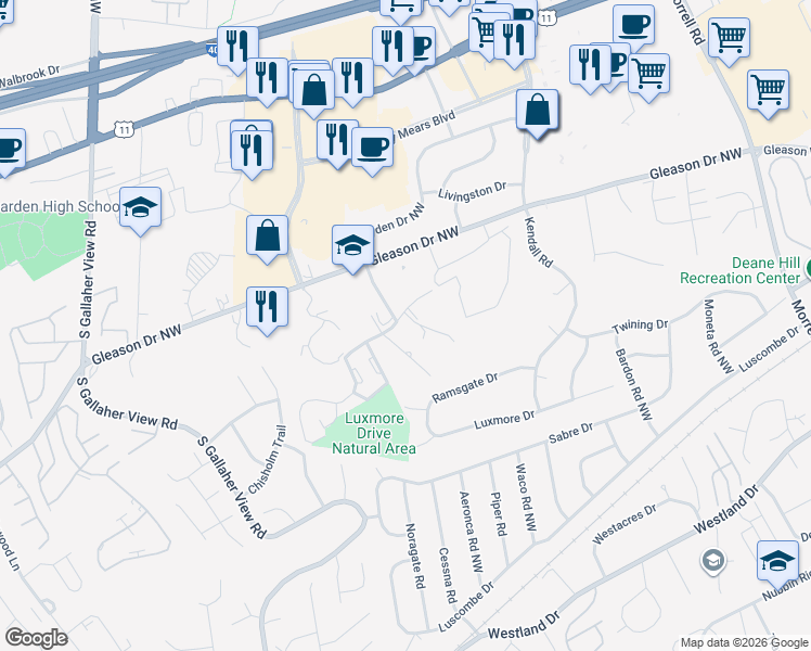 map of restaurants, bars, coffee shops, grocery stores, and more near 8122 Elderberry Drive Northwest in Knoxville