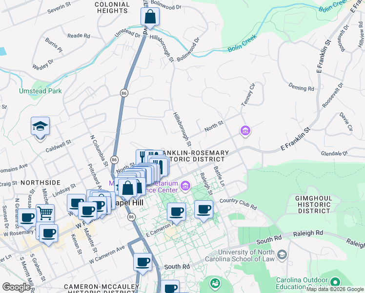 map of restaurants, bars, coffee shops, grocery stores, and more near 214 Hillsborough Street in Chapel Hill