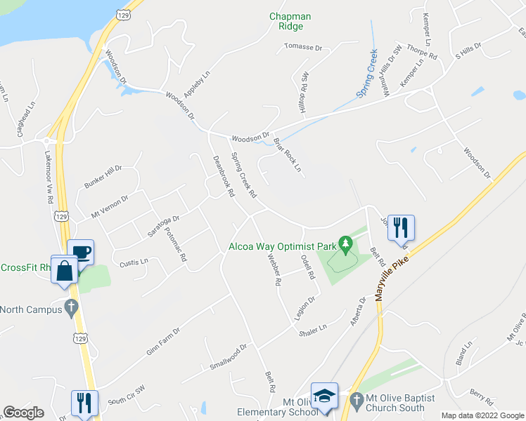 map of restaurants, bars, coffee shops, grocery stores, and more near 5009 Spring Creek Road in Knoxville