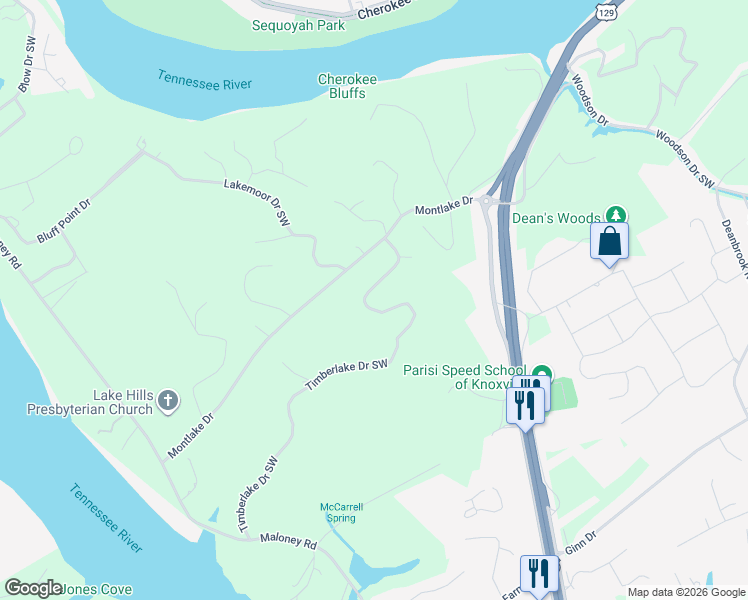 map of restaurants, bars, coffee shops, grocery stores, and more near 3316 Timberlake Drive Southwest in Knoxville