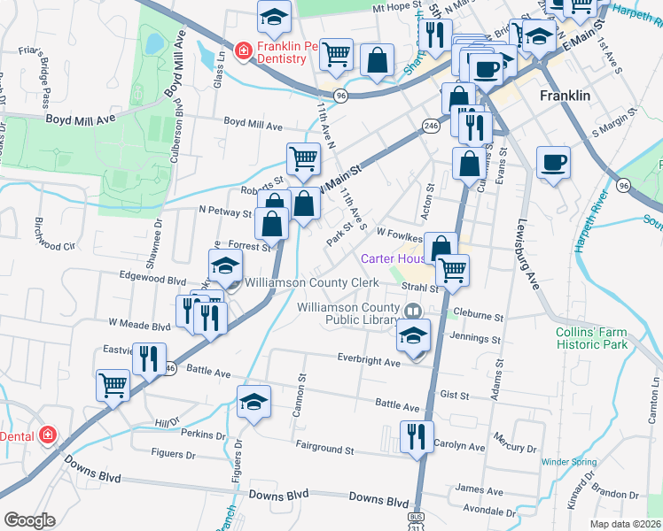 map of restaurants, bars, coffee shops, grocery stores, and more near 338a Natchez Street in Franklin