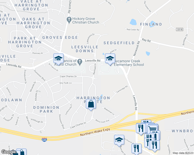 map of restaurants, bars, coffee shops, grocery stores, and more near 6114 Dunzo Drive in Raleigh