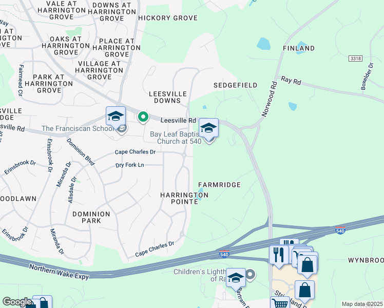 map of restaurants, bars, coffee shops, grocery stores, and more near 5950 Dunzo Drive in Raleigh