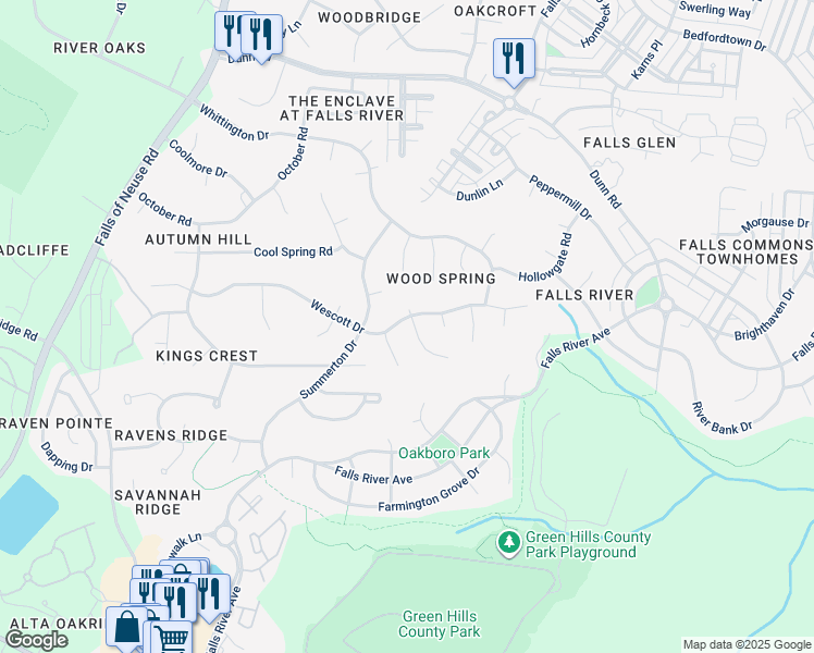 map of restaurants, bars, coffee shops, grocery stores, and more near 1724 Wescott Drive in Raleigh