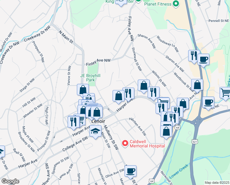 map of restaurants, bars, coffee shops, grocery stores, and more near 506 Harper Avenue in Lenoir