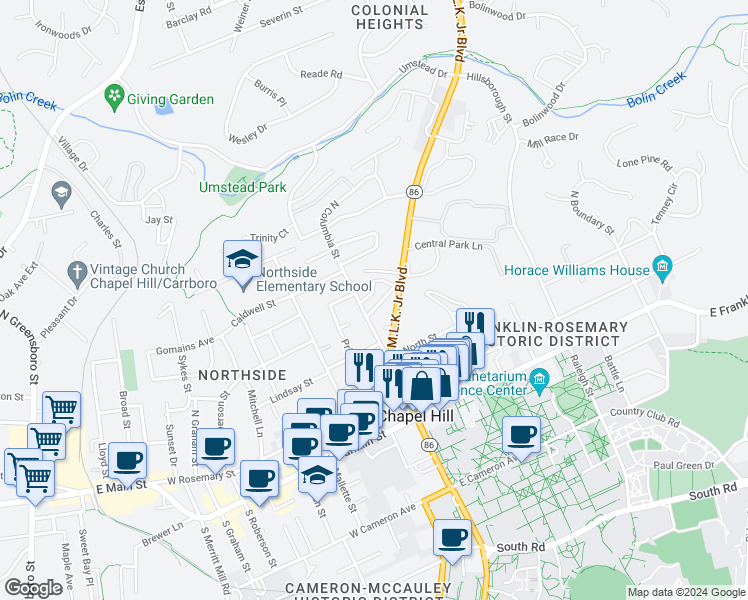 map of restaurants, bars, coffee shops, grocery stores, and more near 105 Stephens Street in Chapel Hill