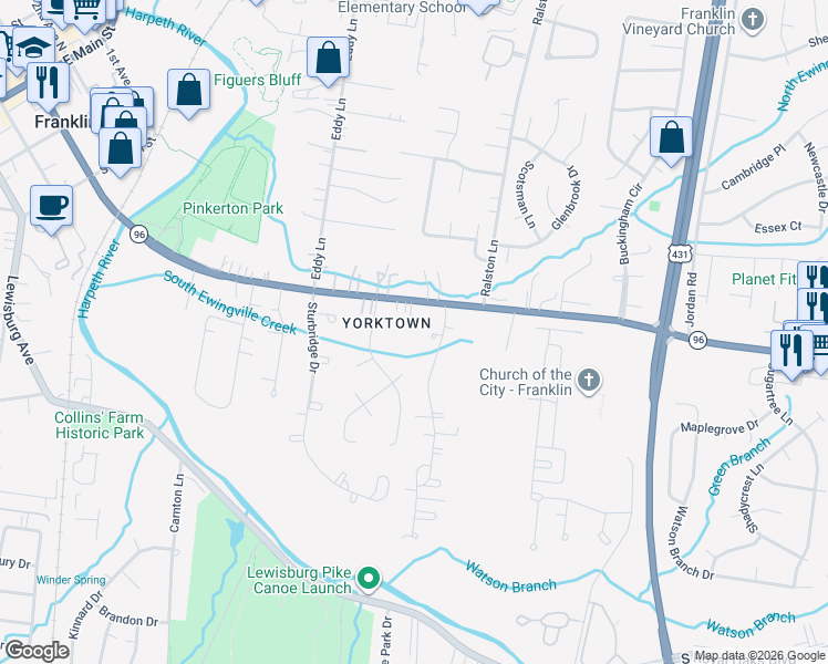 map of restaurants, bars, coffee shops, grocery stores, and more near 718 Murfreesboro Road in Franklin
