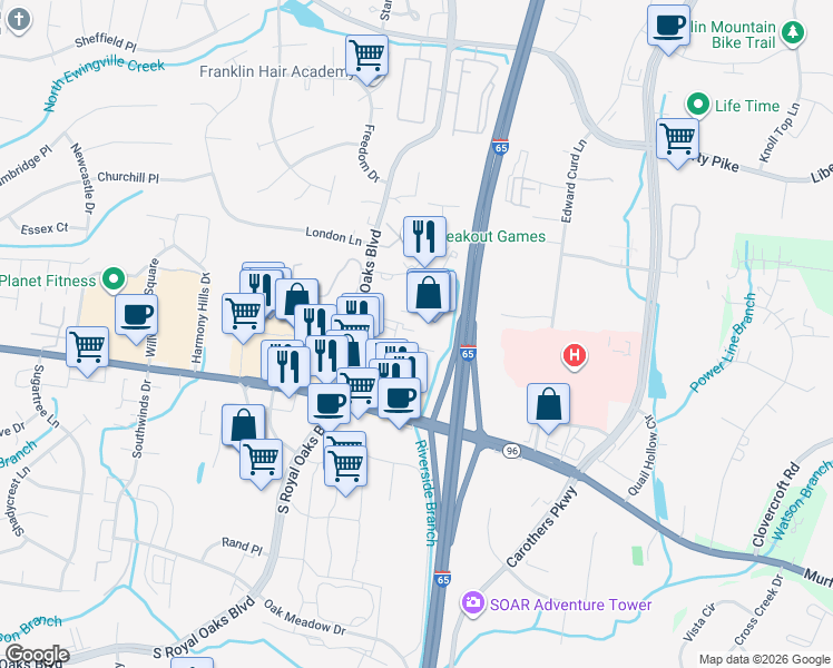 map of restaurants, bars, coffee shops, grocery stores, and more near 120 Holiday Court in Franklin
