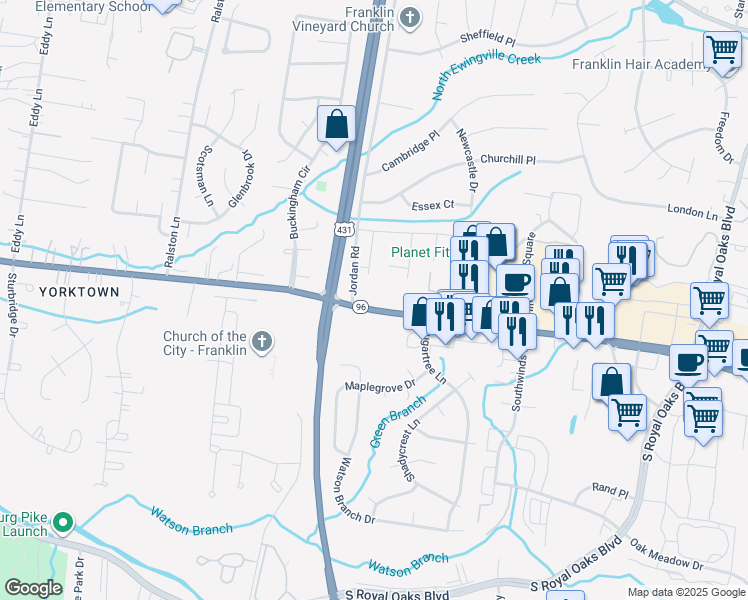 map of restaurants, bars, coffee shops, grocery stores, and more near 907 Murfreesboro Road in Franklin