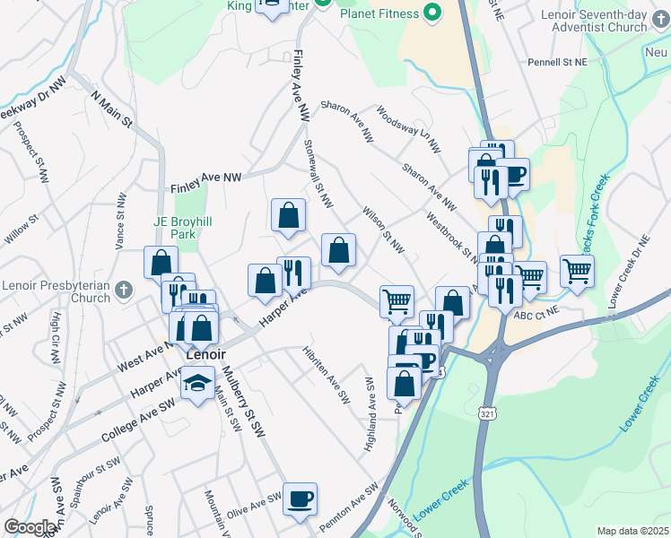 map of restaurants, bars, coffee shops, grocery stores, and more near 412 Harper Avenue Northwest in Lenoir