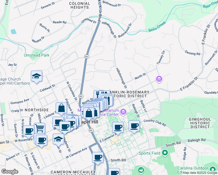 map of restaurants, bars, coffee shops, grocery stores, and more near 3 Cobb Terrace in Chapel Hill