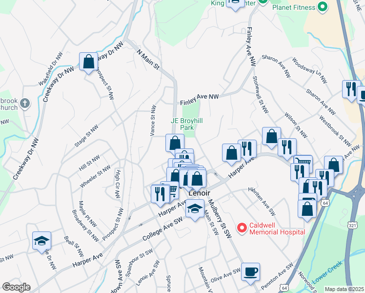 map of restaurants, bars, coffee shops, grocery stores, and more near 316 Main Street Northwest in Lenoir