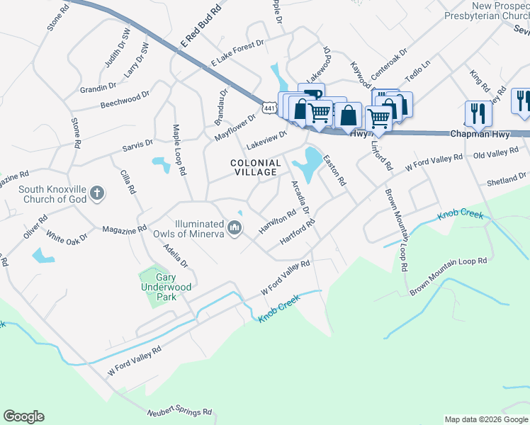 map of restaurants, bars, coffee shops, grocery stores, and more near 310 Canterbury Drive in Knoxville